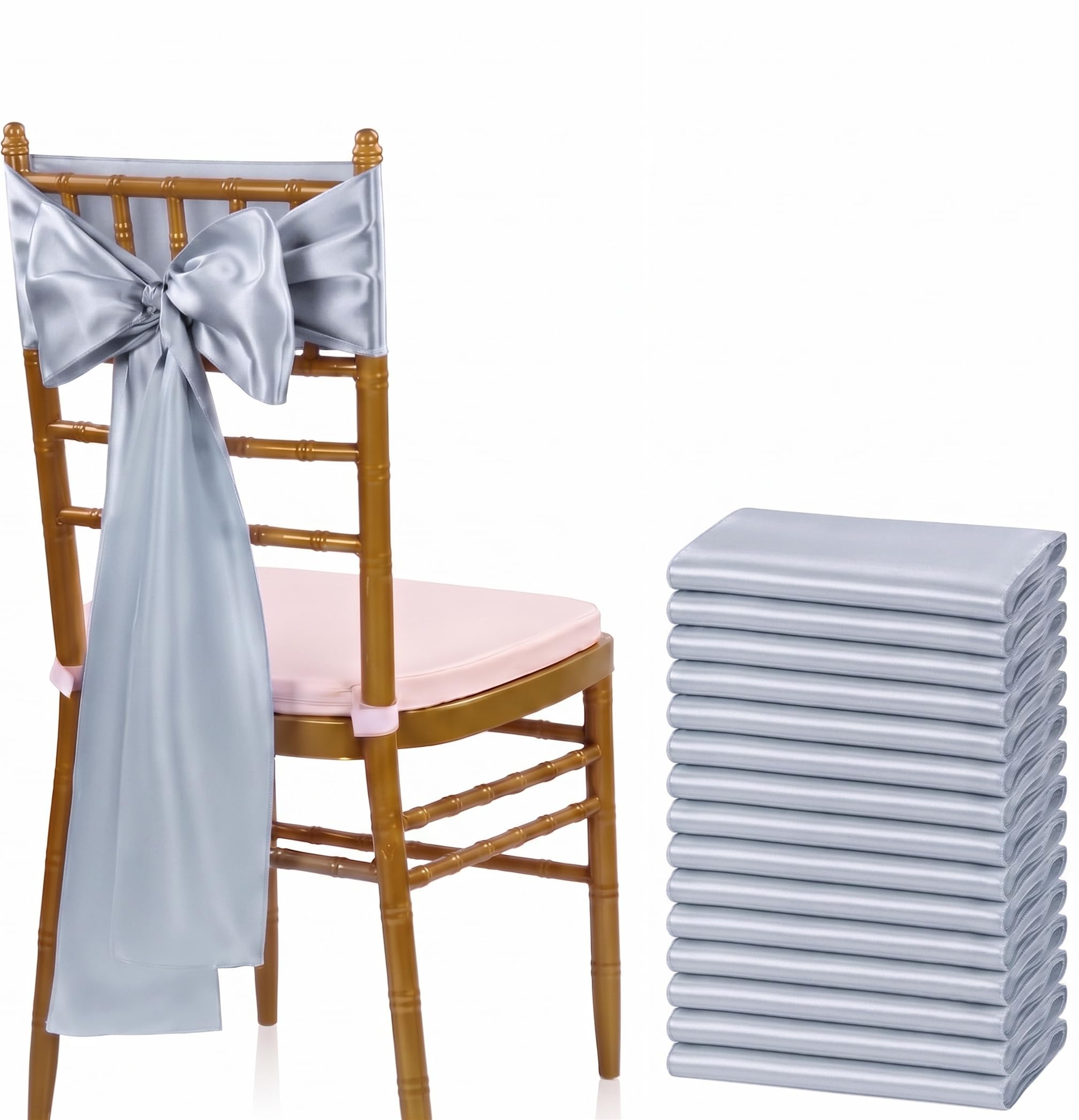 VDS Set of 10 Elegant Satin Wedding Chair Sashes Bows for wedding Party Banquet Decor - Ribbon Tie Back Sash bow - Light Silver Gray