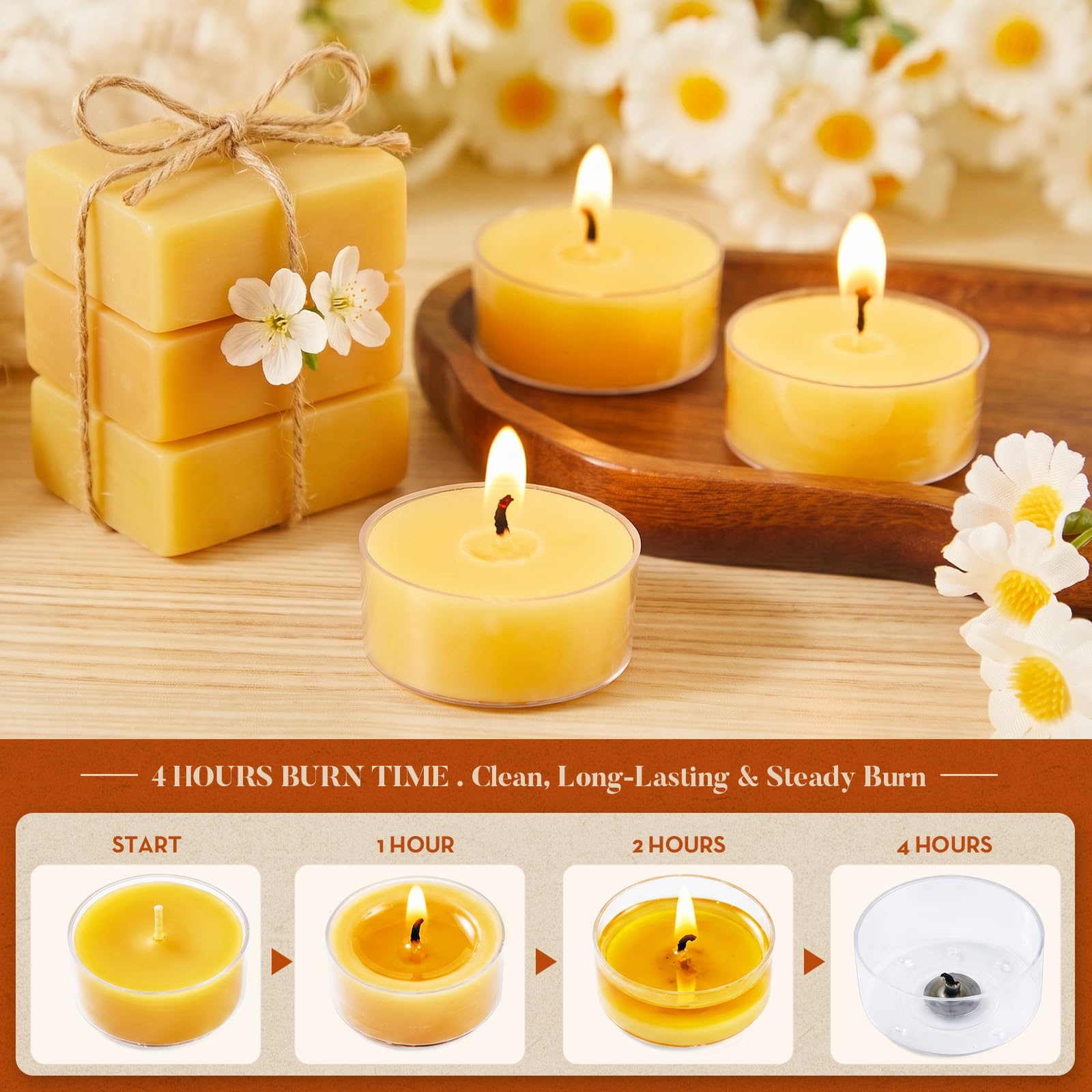 Ashlux Lot de 48 bougies chauffe-plat en cire d'abeille, 4 heures de