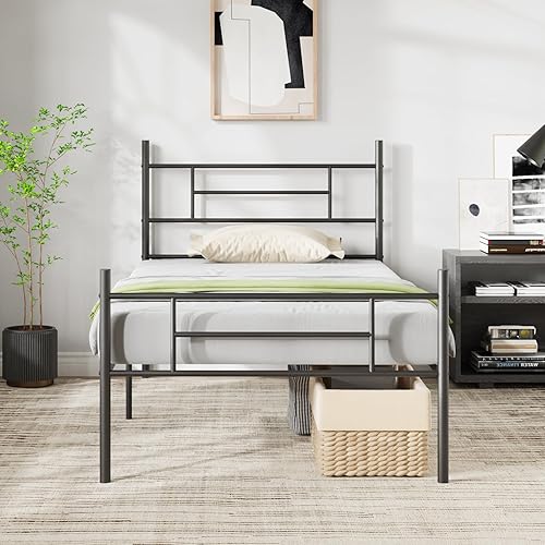 Novilla - Base de cama de metal con cabecera y estribo, plataforma de 14 pulgadas con almacenamiento, no necesita somier, soporte de listones de
