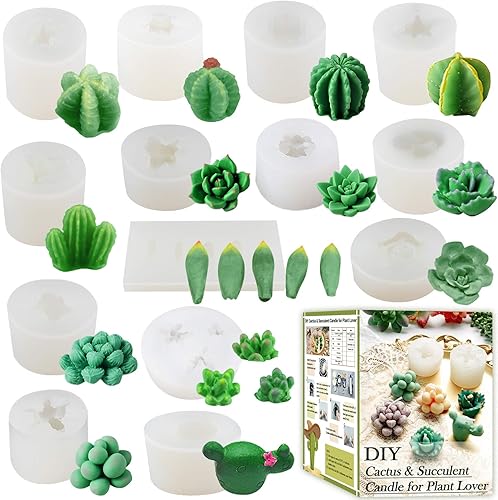 Funshowcase Juego de moldes de silicona para cactus y plantas suculentas para resina epoxi, jabón, vela, cera, polímero, arcilla, yeso, fondant,