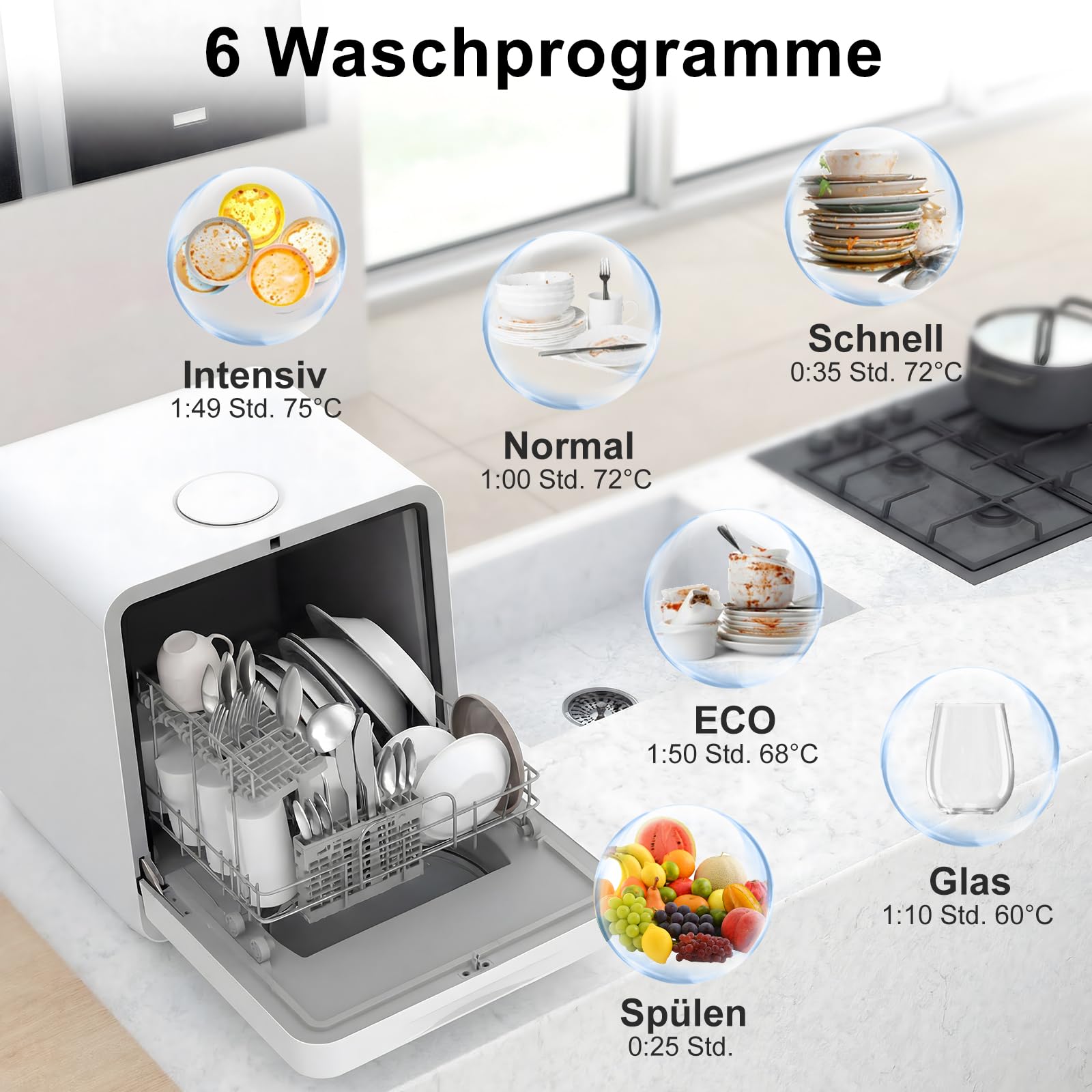 Mini Tischgeschirrspüler 5L Wassertank 6+1 Programme 360° Reinigung PTC-Lufttrocknung 24H Startzeitvorwahl