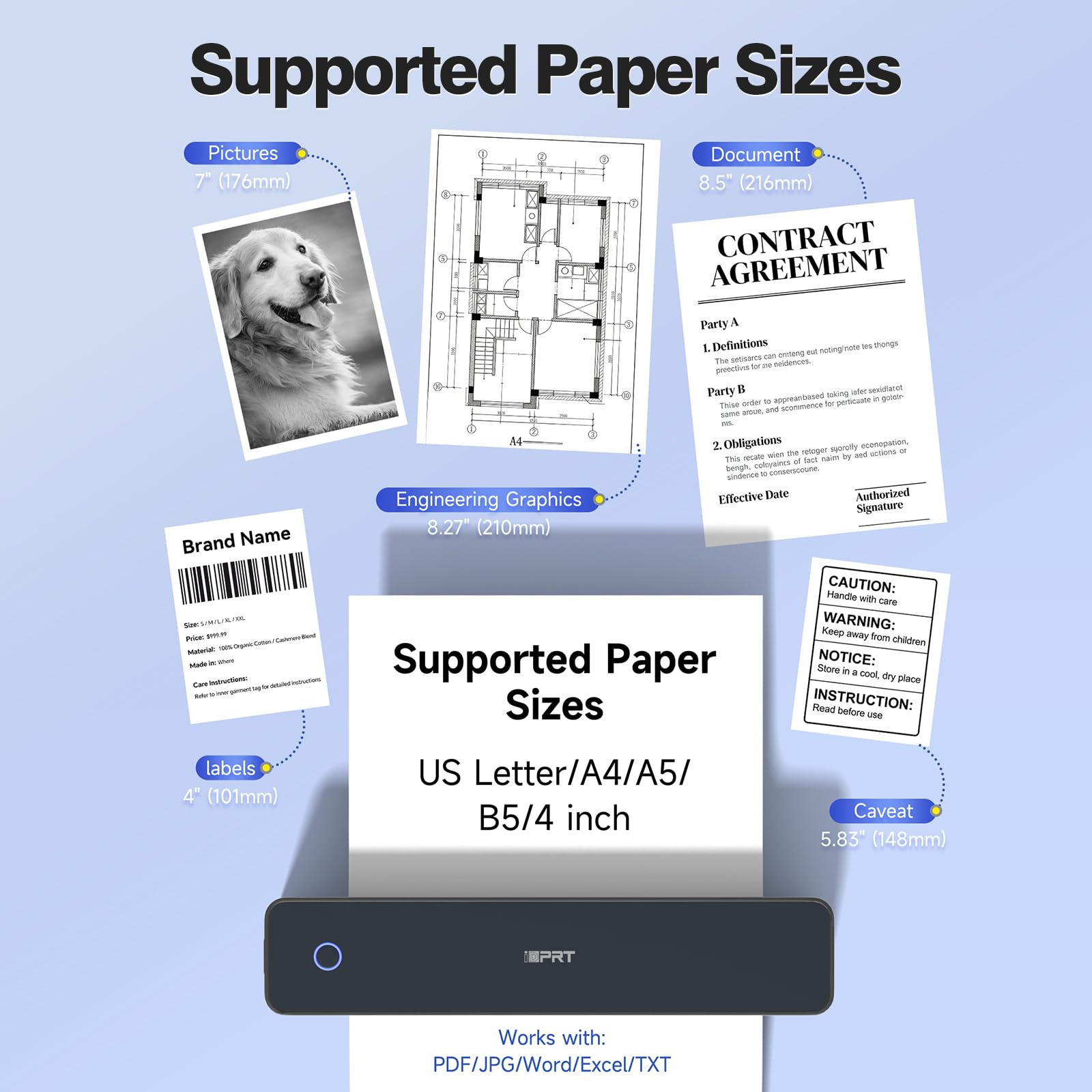 iDPRT Impresora térmica portátil inalámbrica para viajes, impresoras para uso doméstico, vienen con funda de transporte y 200 hojas de papel térmico, soporta carta de EE. UU. de 8.5 x 11 pulgadas y