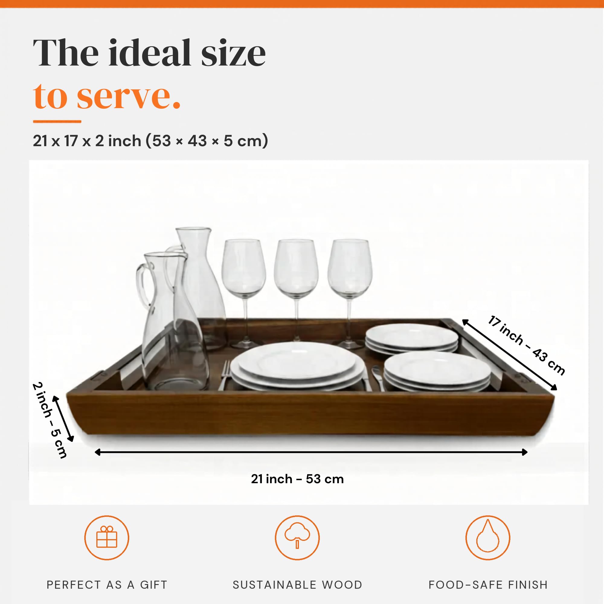 Bandeja de Madera Acacia XL 53 × 43 cm con Asas – Servir y Desayuno | Bandeja de madera de acacia XL 53 × 43 cm con asas de metal; para servir comida, desayuno en la cama y decoración