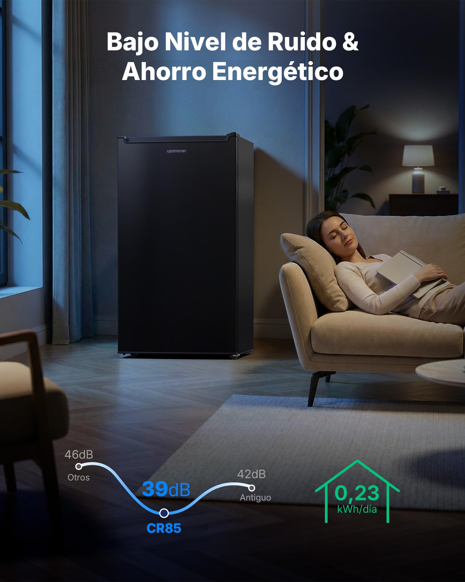 Upstreman 85L Frigorífico Sin Congelador, 0-12°C 5-niveles Regulación de Temperatura, LED-Beleuchtung, 39 dB Silencioso, Energéticamente Eficiente para Dormitorio, Oficina, Cocina, CR85-Negro