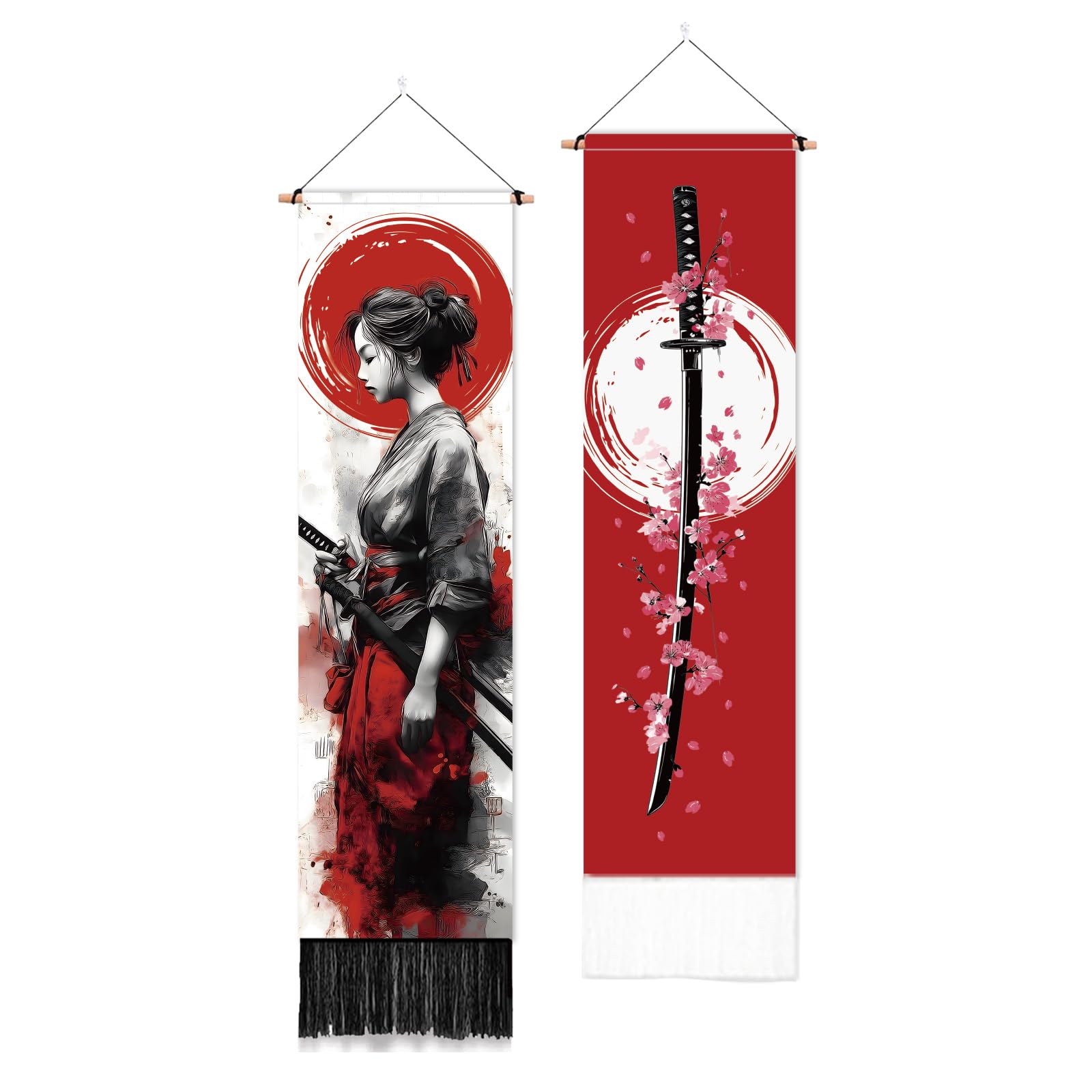 PLIGREAT 2 Pack Female Warrior Wall Tapestry Japanese Style Cherry Blossom Wall Hanging with Tassels Decorative Aesthetic Vertical Tapestry for Bedroom Living Room Home Decorations, 130 x 33cm — image 1