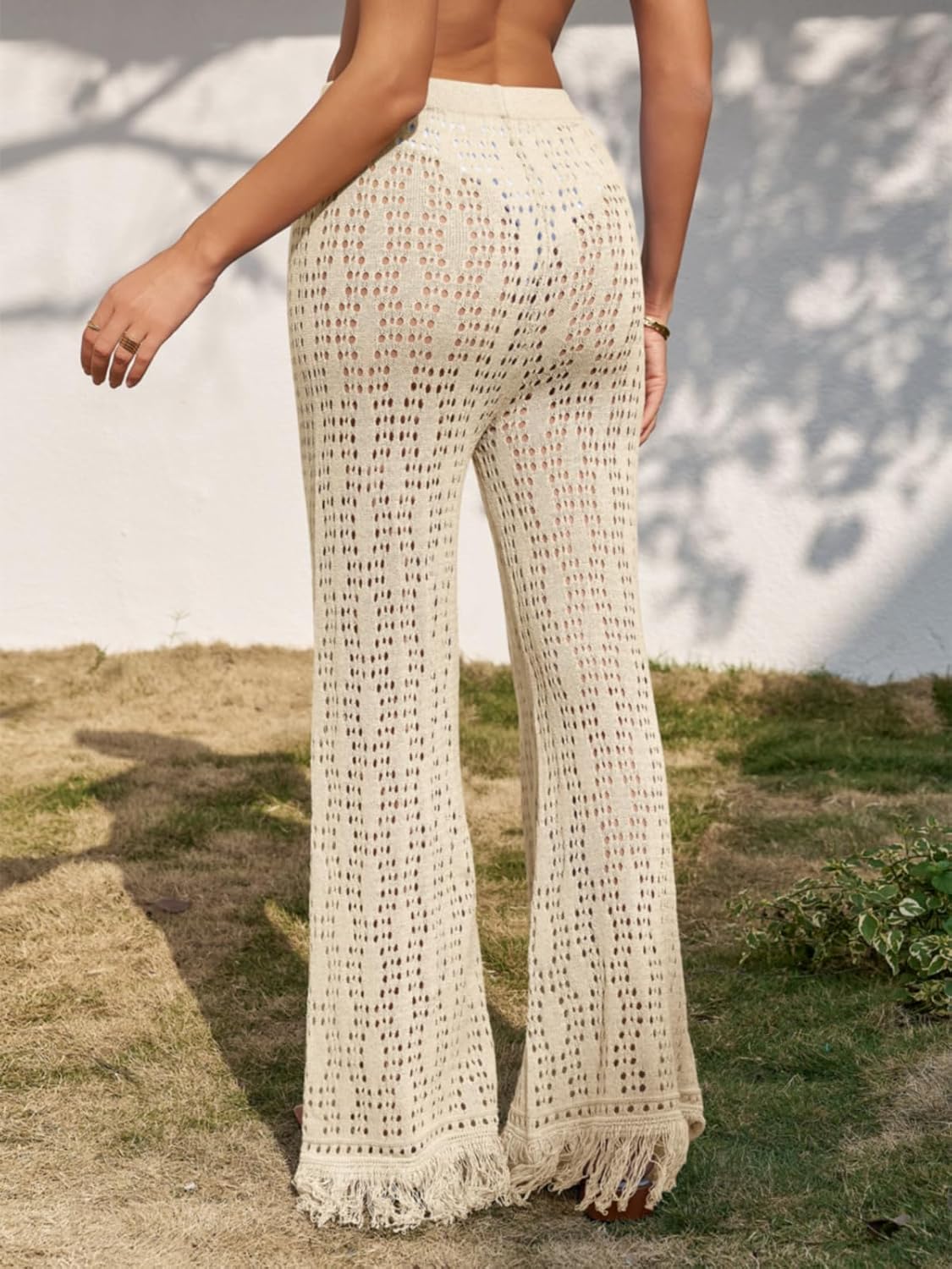 Fisoew Womens Crochet Cover Up Pants Casual Wide Leg High Waisted Hollow Out Tassel Summer Beach Mesh Bathing Suit Pants - Image 4