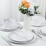 12-Piece Ensembles de vaisselle à la mélamine, ensemble de vaisselle rond blanc moderne pour 4 - Assiette de service pour Snack, Dessert, Salade, Soupe, Pâtes - Motif de marbre blanc