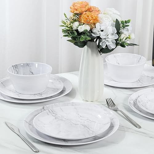 Miniatura 15 de Juego de vajilla de melamina – 12 piezas de platos y cuencos, ideal para fiestas en interiores y exteriores, sin BPA, apto para lavavajillas