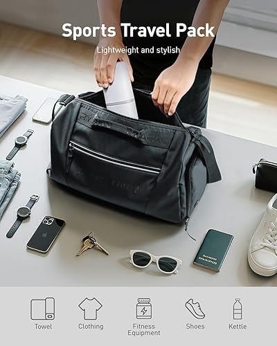 Miniatura 6 de Muzee Bolsa de gimnasio ligera para hombres, bolsa de lona convertible impermeable de 17.6L, con bolsillo para ropa húmeda y compartimento para