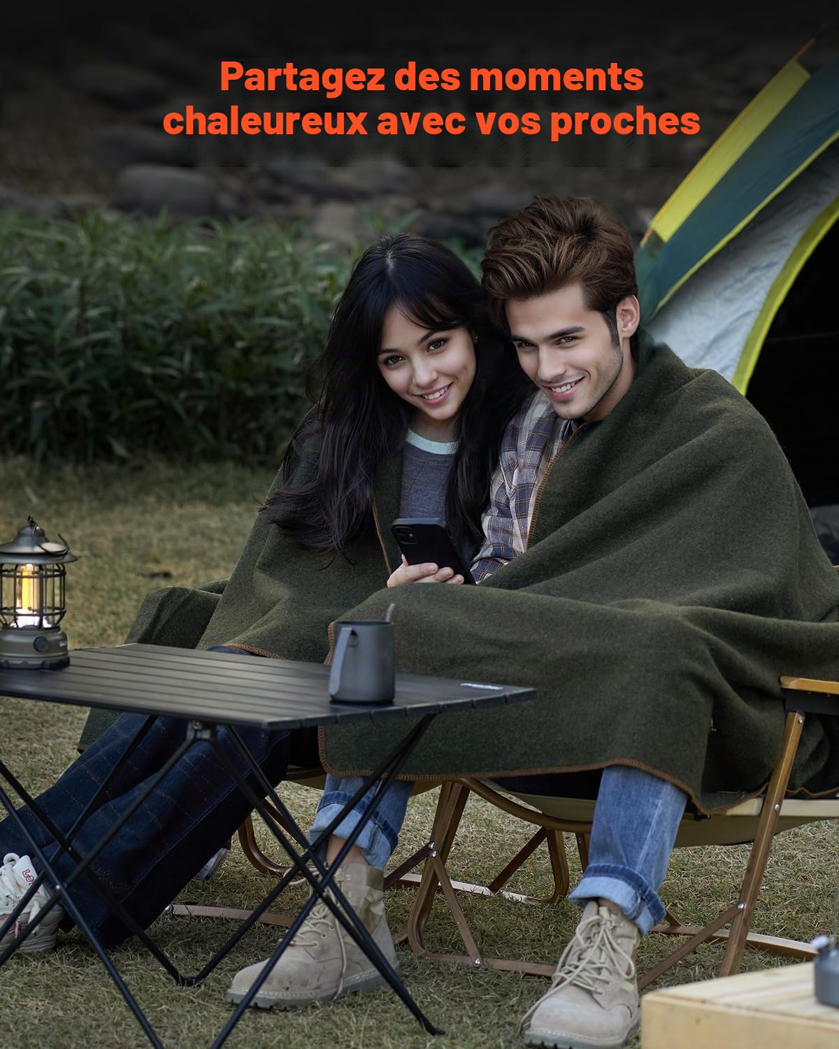 VEVOR Couverture de Camping Laine 80%, 1,62x2,23 m, Grande Couverture de Stade Chaude, Coupe-Vent Ignifuge, pour Extérieur, Pique-niques, Randonnée, Événements Sportifs, en Plein Air, Vert Armée