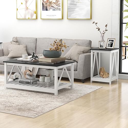 Miniatura 8 de Farmhouse Coffee Table, Black and White Coffee Table for Living Room, 2-Tier Rectangular Wooden Centre Cocktail Table with Slats Shelf Storage and