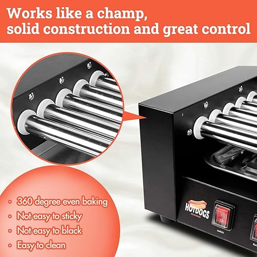 Miniatura 3 de Máquina de rodillo para perros calientes de 1000 W, máquina de cocina comercial de doble control de temperatura con bandeja de goteo extraíble de