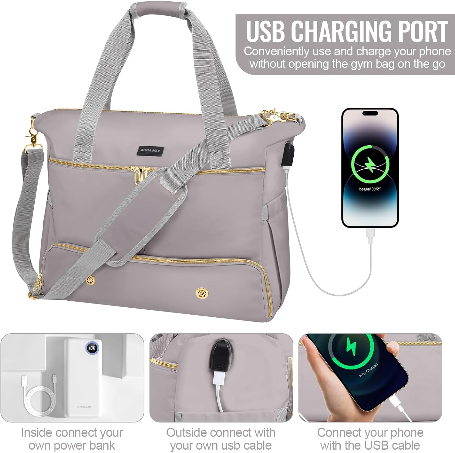 ZRRAJOY Weekender Overnight Bag for Women, Large Travel Duffel with Shoe Compartment, Wet Pocket, USB Charging Port, Carry-On Gym Tote Bag (Grey)