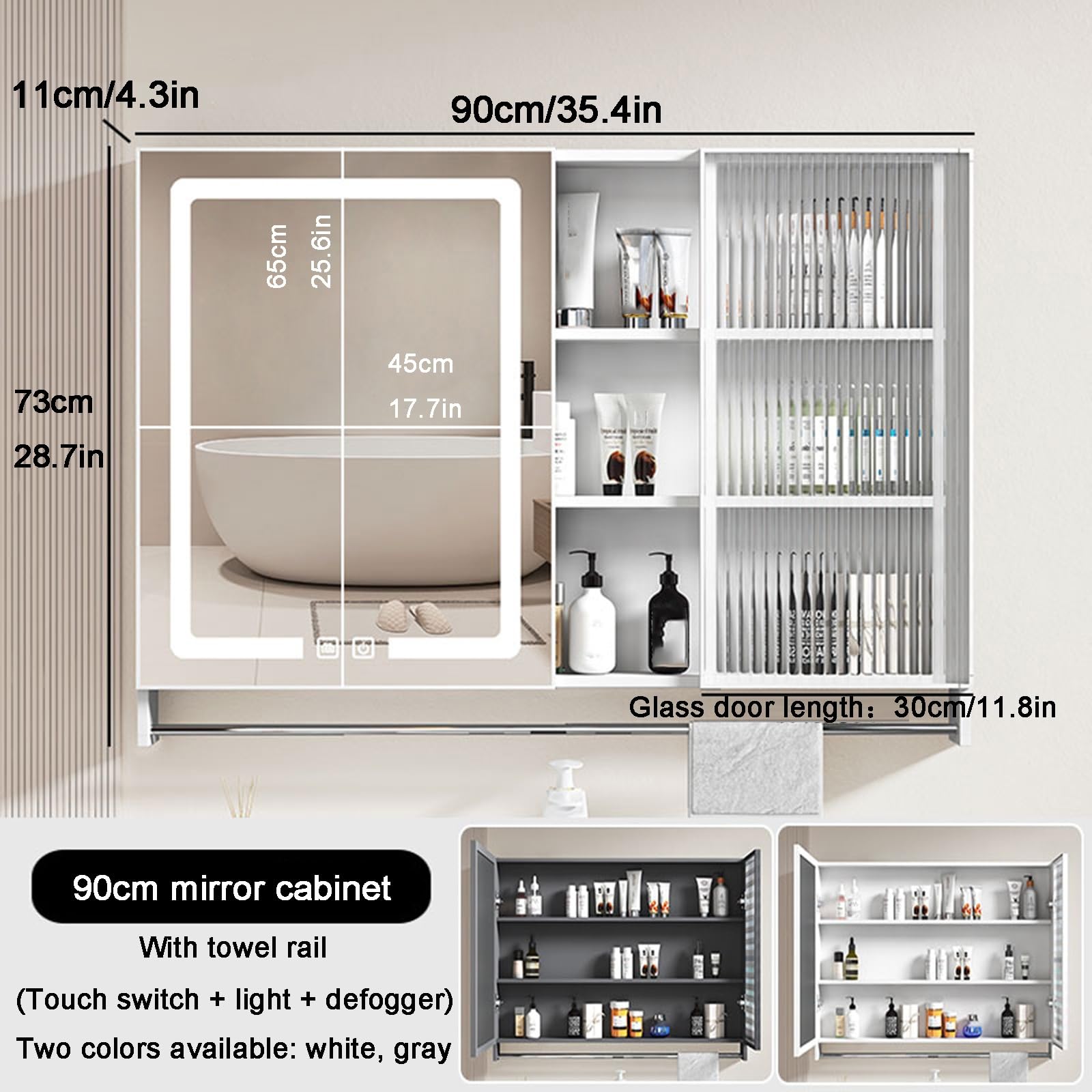 Lustro łazienkowe LED, szafka ścienna, lustro do przechowywania, 35,4 x 25,6 cala