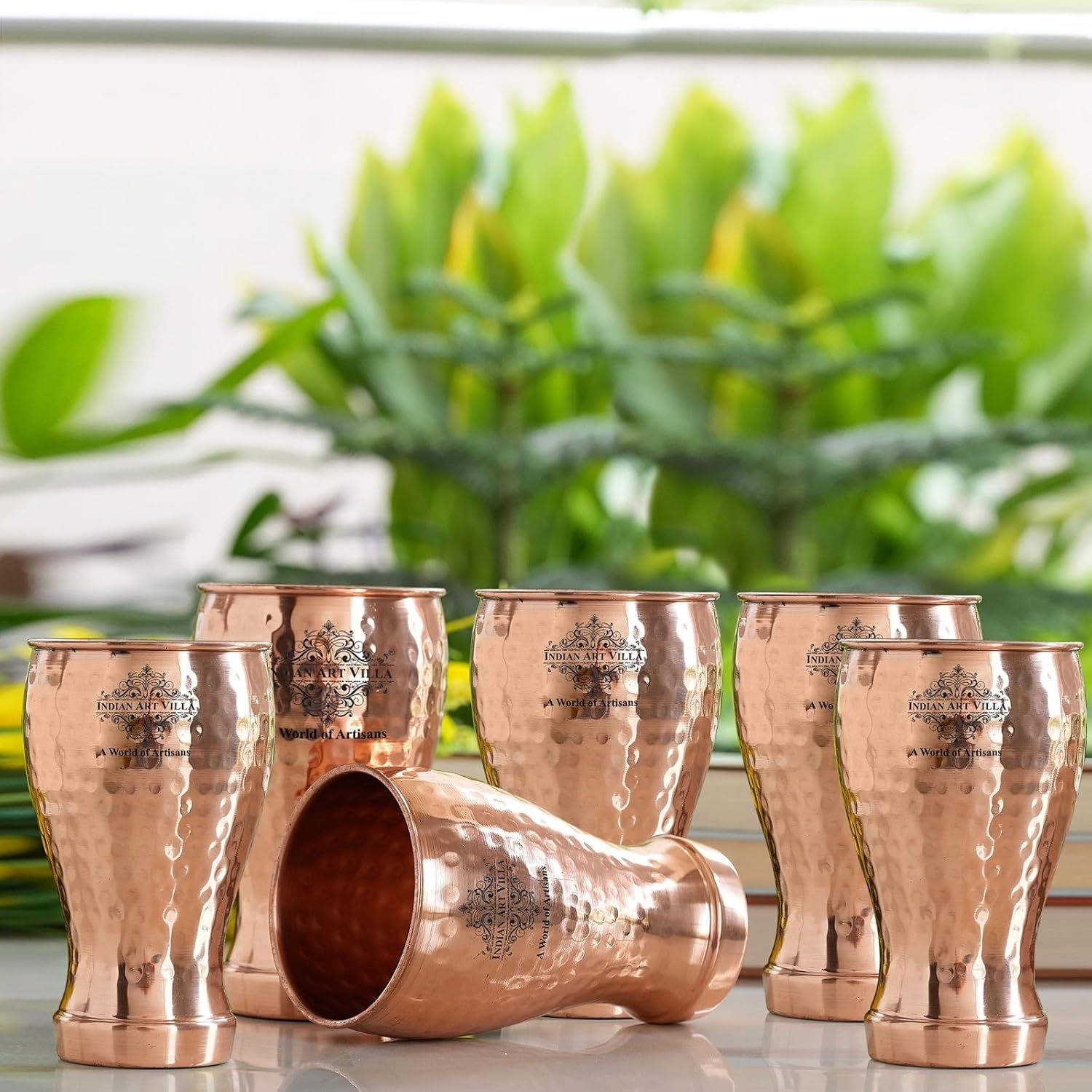Indian Art Villa Copper Hammered Design Tumbler Glass 15 Oz Drinkware Serveware for Water Ideal for Home Restaurants