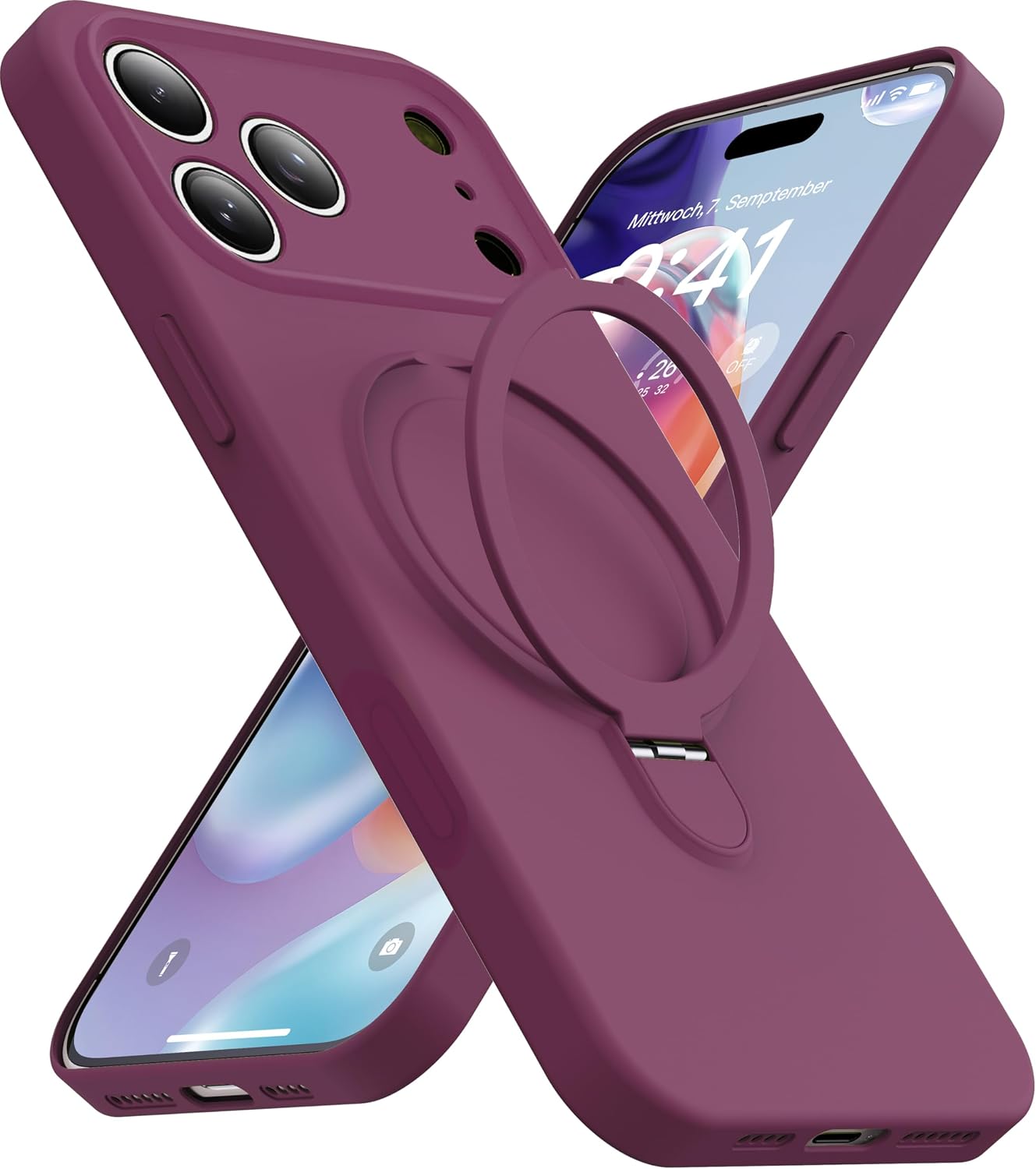 Magnetic Stand for iPhone 17 Pro Max Case, Liquid Silicone, [Compatible with MagSafe][Built-in Kickstand&Ring Holder] Anti-Scratch Soft Microfiber Lining, Wine Red
