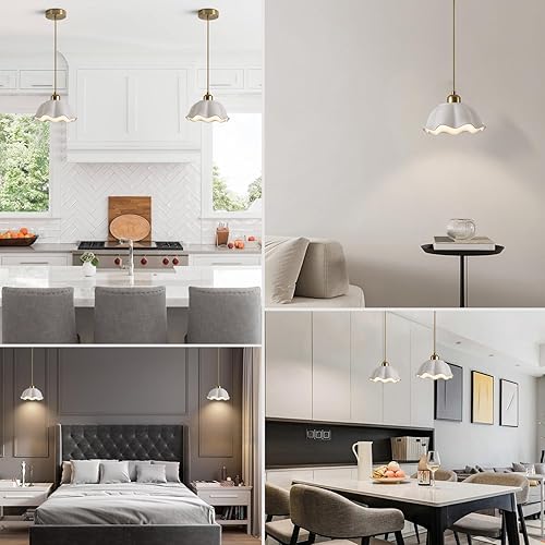 Miniatura 4 de MPL11-2 GD - Lámpara colgante moderna de vidrio de leche dorada de mediados de siglo, ajustable de cerámica blanca, lámpara colgante de latón