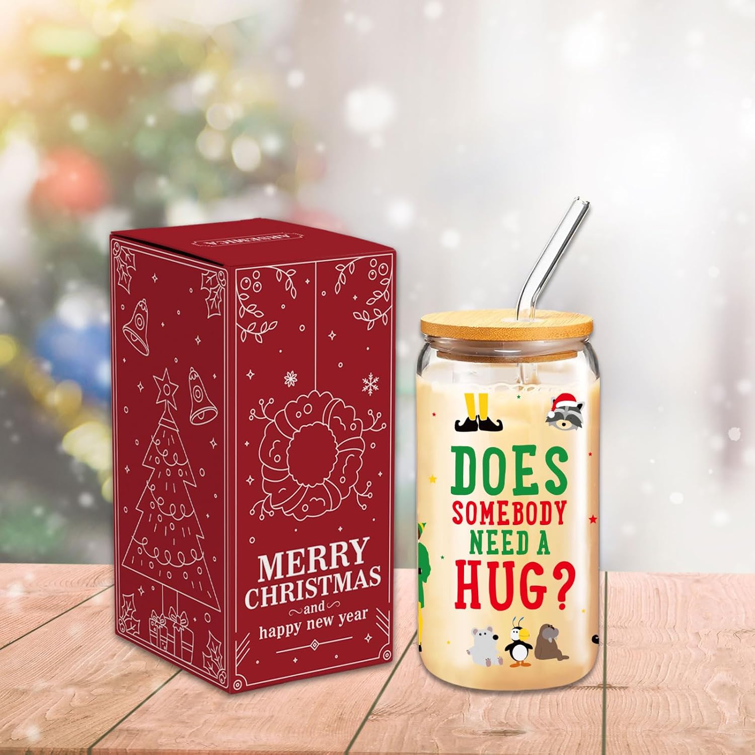 Buddy The Elf Merch Gifts, Funny Christmas Glass Cup for Women Men, 16 oz Elf Glass Cup with Lid and Straw, Beer Coffee Drinking Glass Tumbler Party Supplies, White Elephant Gifts Stocking Stuffers - Image 7