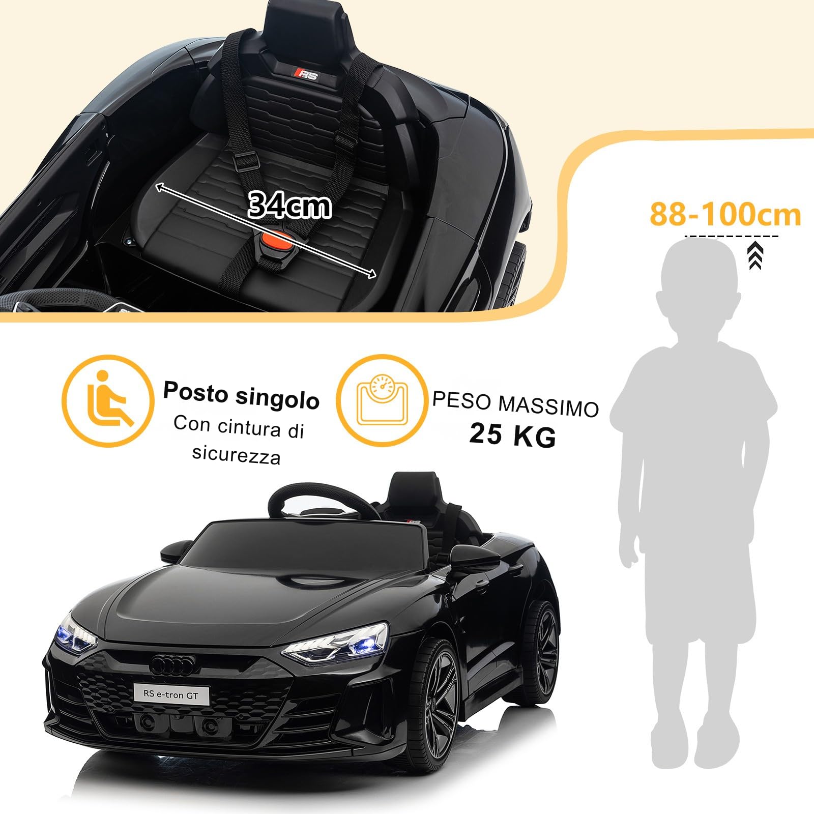 LEADZM Mcchina Elettrica Per Bambini AUDI RS E-tron 12V con Doppi Motori, 3-5km/h Auto Elettrica per Bambini 3-5 Anni, MP3, Sospensioni, Telecomando (Nero)