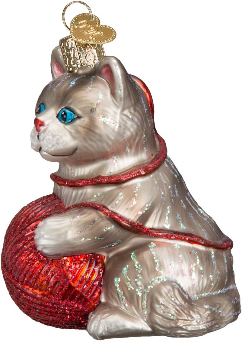 Old World Christmas Ornaments Grey/Red Playful Kitten Glass Blown Ornaments for Christmas Tree