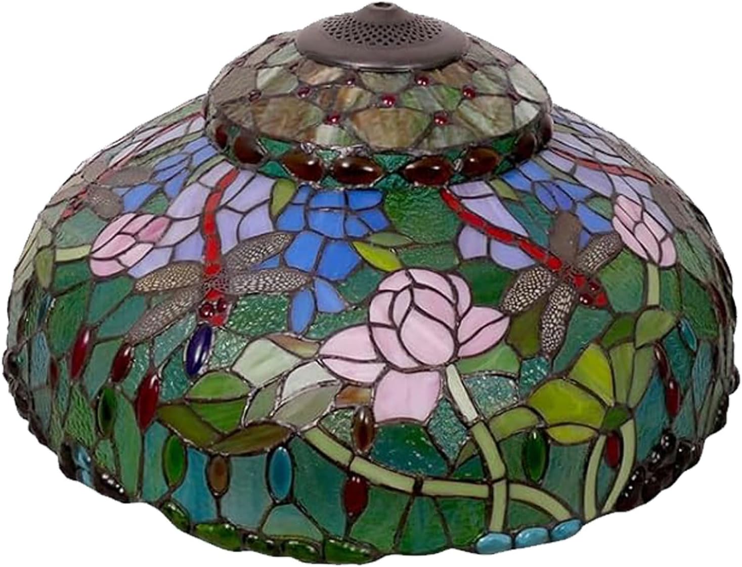 18-Inch Tiffany Style Lotus Dragonfly Stained Glass Lampshades Replacement European Retro Art Green Flowers Cover for Desk Lights Floor Lamp Reading Lighting