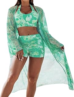 T Shirt V - Traje de baño de 3 piezas para mujer, manga larga, traje de baño bohemio, camiseta funcional