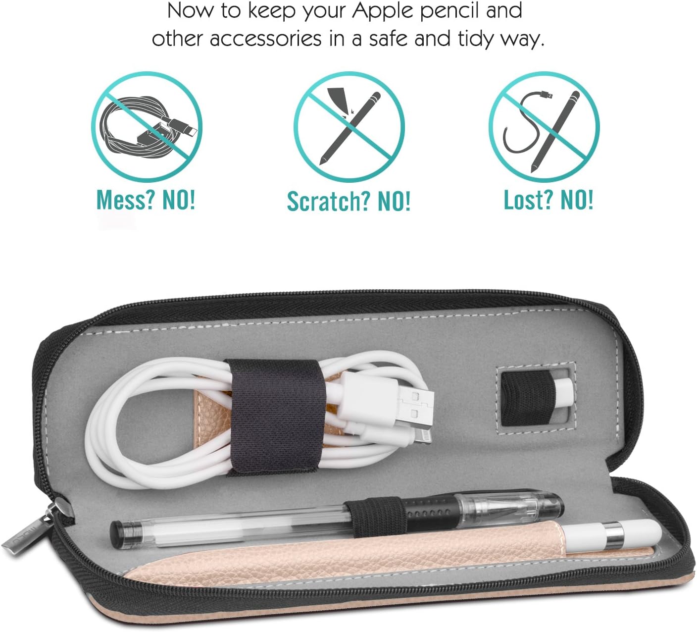 Open MoKo Apple Pencil case showing an Apple Pencil, a charging cable secured by Velcro, and a slot for an adapter.