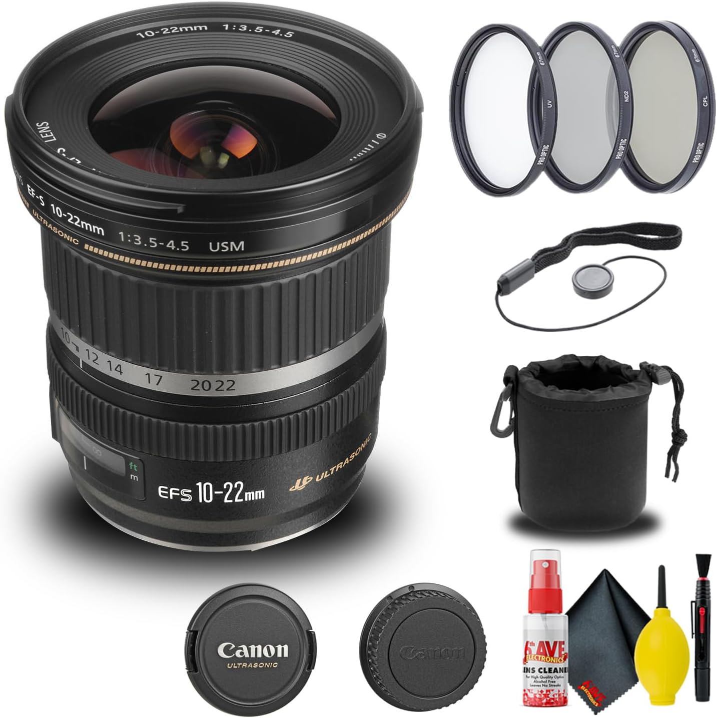 Canon EF-S 10-22mm f/3.5-4.5 USM Lens (9518A002) + Filter Kit + Lens Pouch + Cap Keeper + Cleaning Kit + More (Renewed)