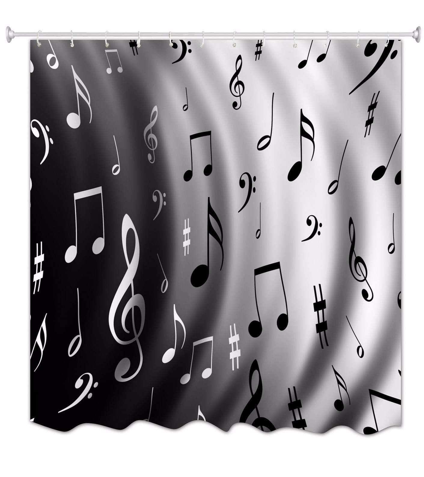 A.Monamour Grey Backgrounds Black Musical Melody Print Music Lover Theme Waterproof Mildew Resistant Long Thicken Fabric Polyester Shower Curtain For Bathroom Décor 150X180 Cm / 60"X72"