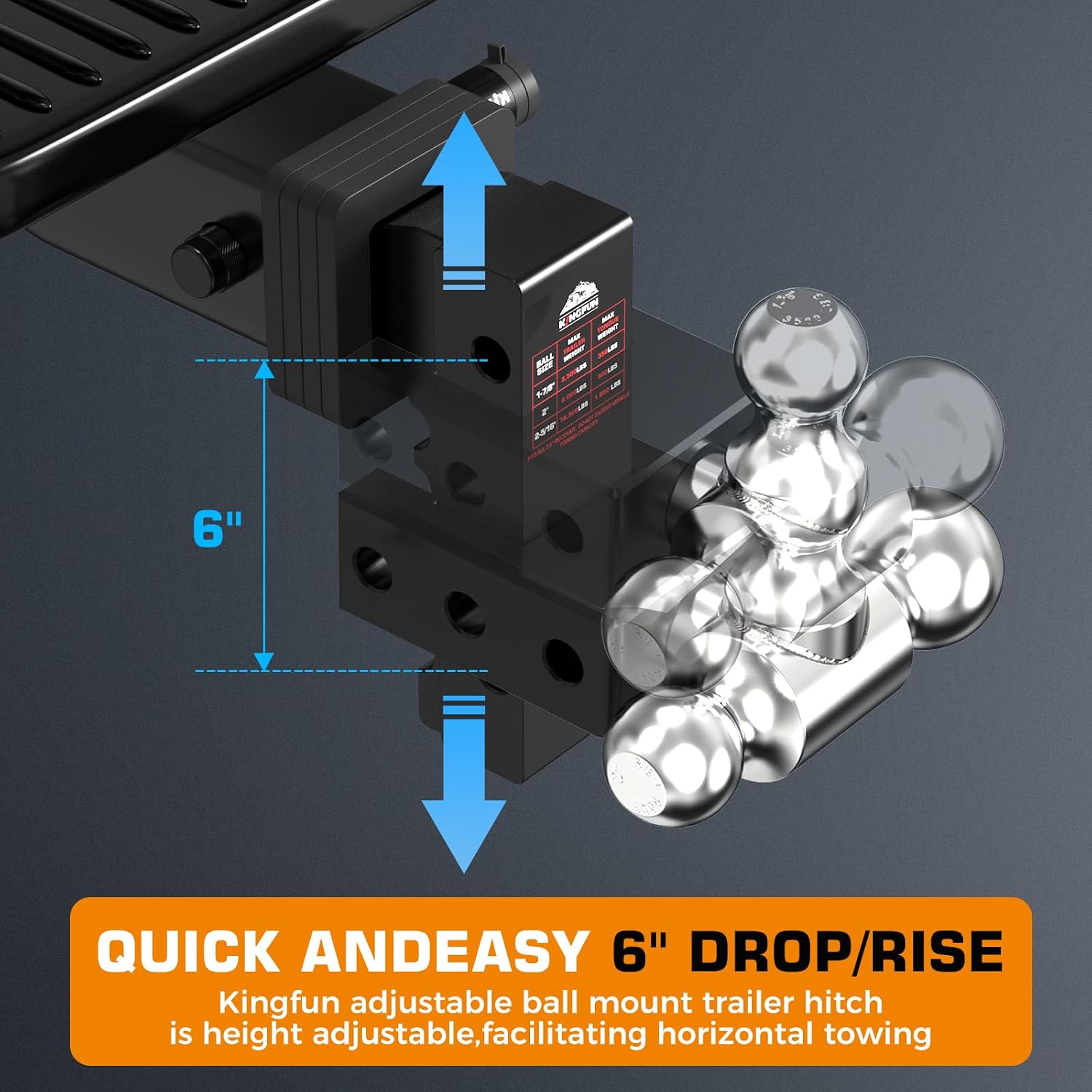 Kingfun Adjustable Trailer Hitch - Drop Hitch 2.5 Inch Receiver, 6 Inch Drop/Rise Tow Hitch, Tri Ball (1-7/8" & 2" & 2-5/16" Balls), 18500 Lbs Gtw, Aluminum Heavy Duty Hitch with Anti-Theft Pins | Tri Ball 1-7/8, 2 & 2-5/16 Inch 18500 LBS GTW Aluminum Receiver Hitch with 6 Inch Drop Rise and Anti-Theft Lock Pins