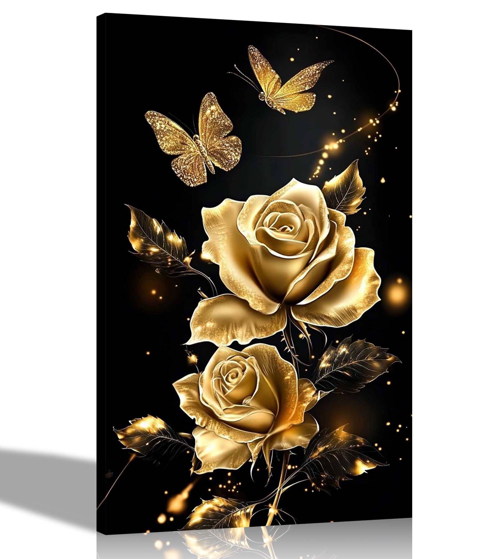 Artley Prints Roses And Butterflies Gold - Gold Roses And Butterflies Canvas Prints Pictures For Living Room Conservatory Hallway Ready To Hang 40 X 30Cm (16 X 12 Inches) A3