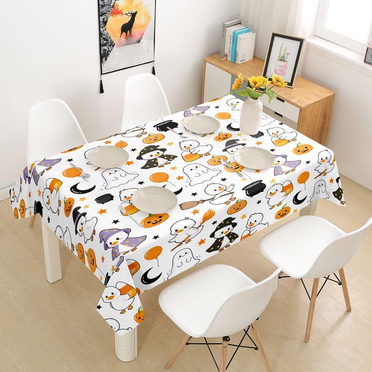 Manfei Funny Duck Tablecloths,Stars Happy Halloween Bats Table Cover,Cartoon Farmhouse Animal Table Cloth,Beige Table Accessories for Kitchen,Square 55"x55" image 5