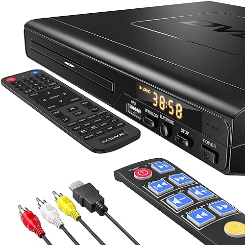 DVD Players for TV with HDMI, DVD Players That Play All Regions, Simple DVD Player for Elderly, CD Player for Home Stereo System, Included HDMI and RCA Cable, with Big Buttons Remote Control