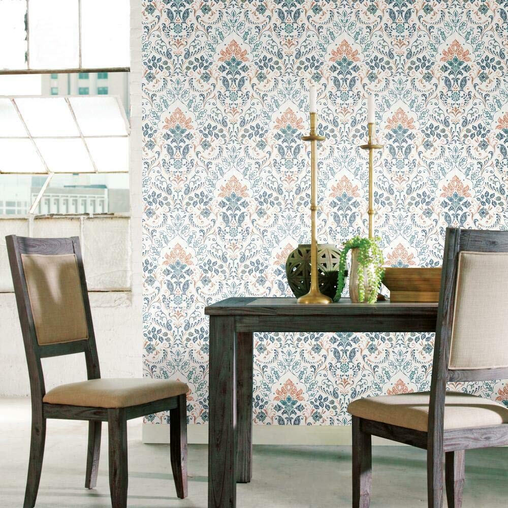 RoomMates RMK11442RL Persian Damask Peel and Stick Wallpaper, Orange, Blue, Roll, 45.7 x 45.7 cm