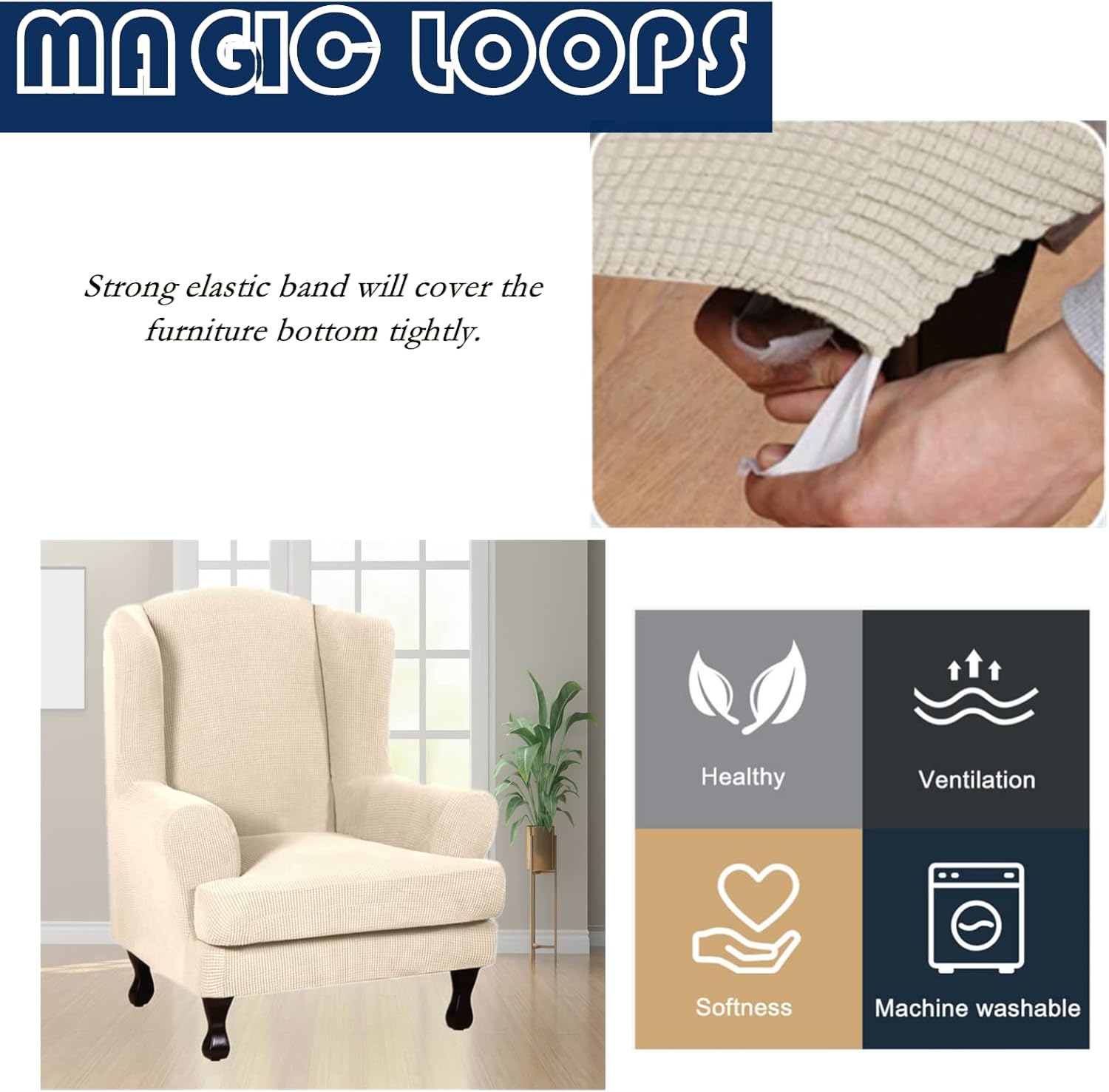 2-Piece Wingback Chair Slipcover Set - Stretch Jacquard Furniture Covers (Base + Seat Cushion), Form-Fitted Protector for High Back Chairs, Machine Washable (Nature)