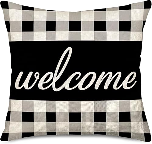 Miniatura 2 de Fukeen Juego de 2 fundas de cojín vintage de lino y algodón con cuadrícula de búfalo blanco y negro, fundas de cojín cuadradas de 18 x 18 pulgadas