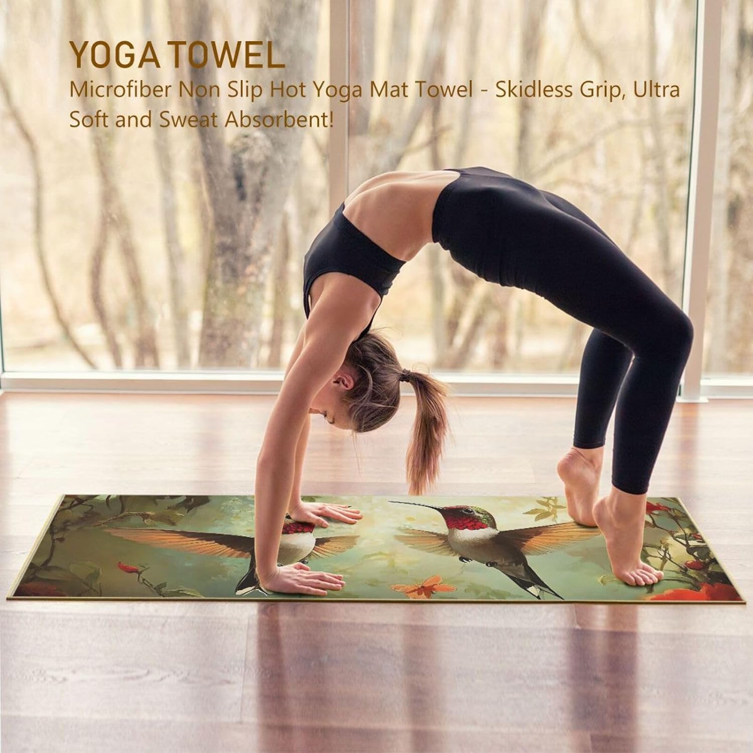 Hummingbird Florals Hot Yoga Towel – Stylish, Non-Slip, Grip Dots, Super Absorbent, 27" x 73" - Yoga Mat Towels for Exercise, Fitness
