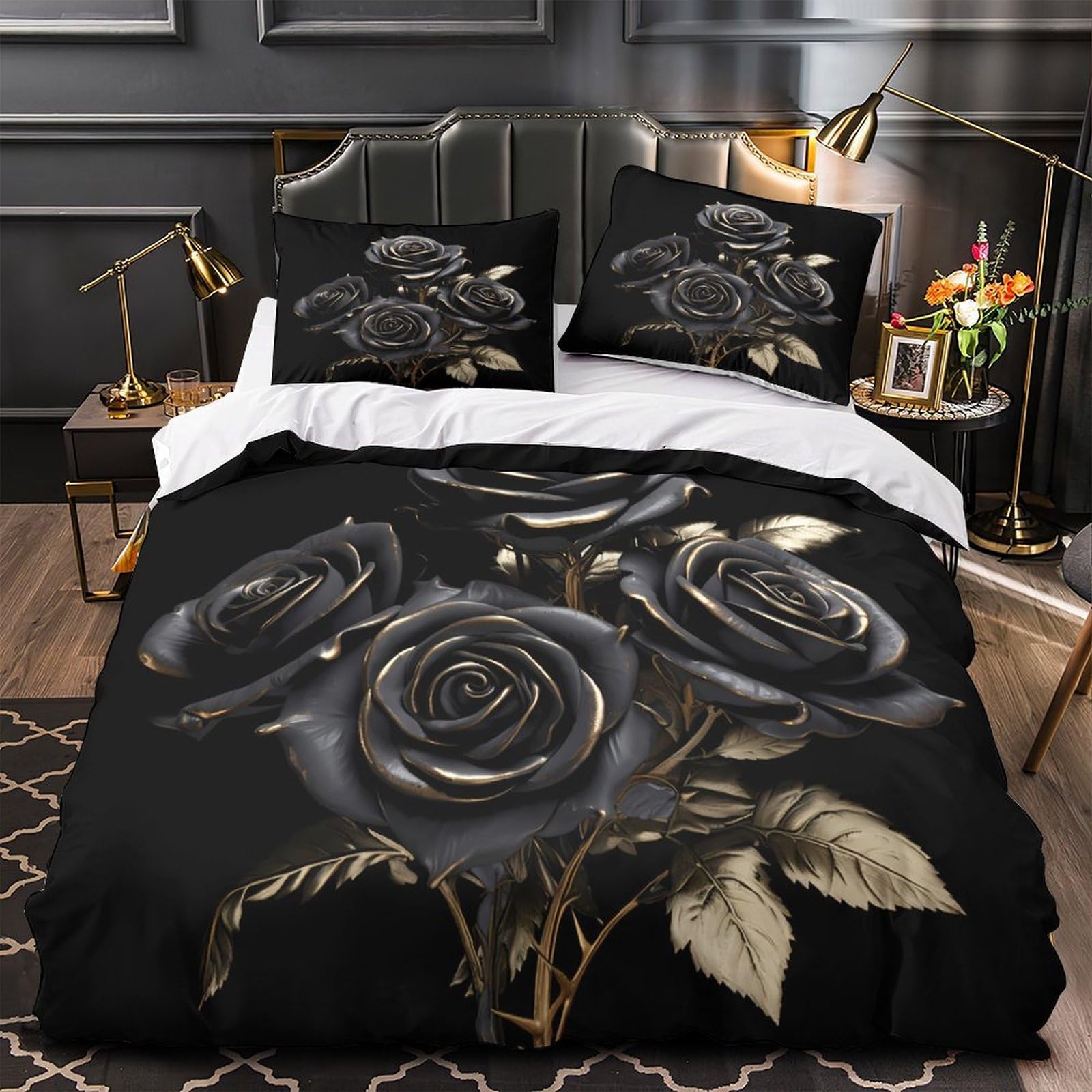 Housse de couette 260x220 parure de lit microfibre respirante motif chien noir