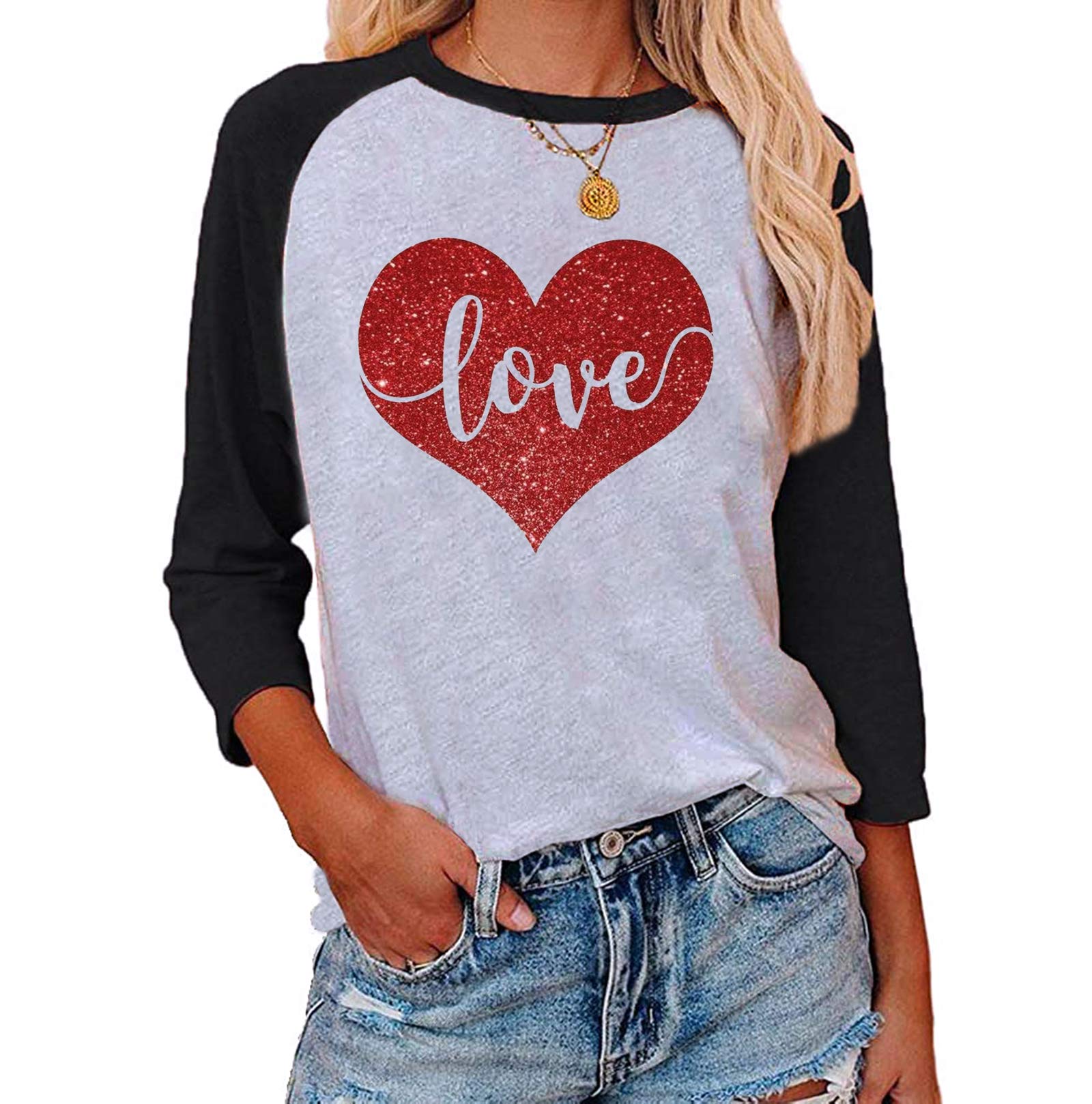 Women's Valentine's Day Heart Print Long Sleeve Shirt - Cute Casual Tee For Valentine Outfits