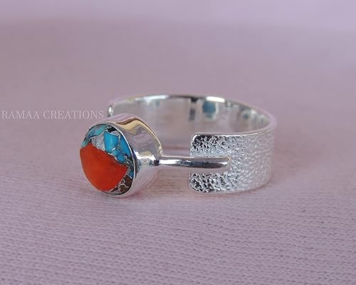 Miniatura 8 de Spiny Oyster Copper Turquoise Ring | Handmade Round Turquoise Silver Ring | Statement Handmade Jewelry | Sterling Silver 925