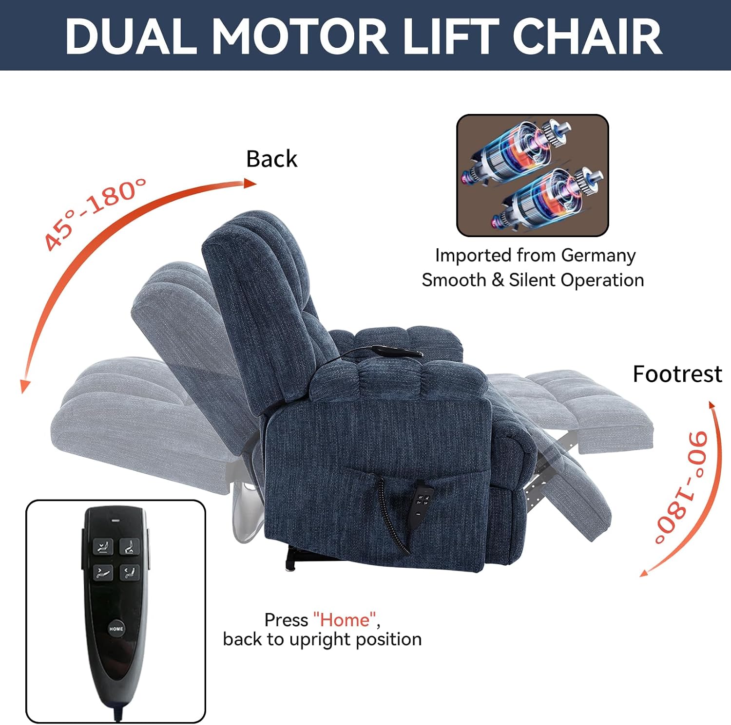 Trustyue Dual Motor Power Lift Recliner Chair with Lay Flat, Full-Body Vibration & Lumbar Heating - Lift Assist Chair for Elderly, Electric Recliner with Massage and Heat, Easy Assembly Blue