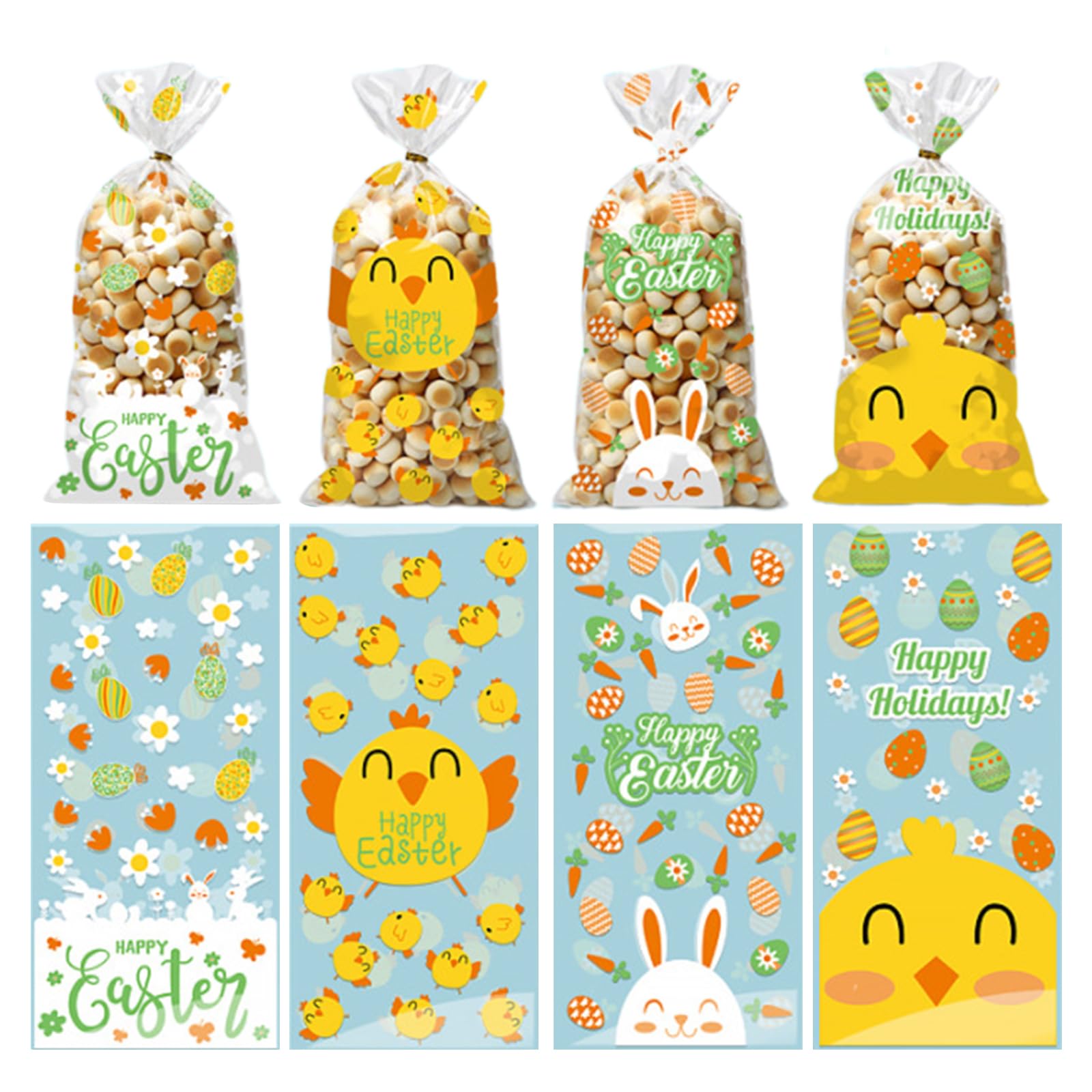 Totelux Easter Cellophane Goodie Bags Clear Plastic Bag Chick Rabbit Carrot Treat Bags with Ties for Cookies Candy Gift Wrapping Holiday Easter Party