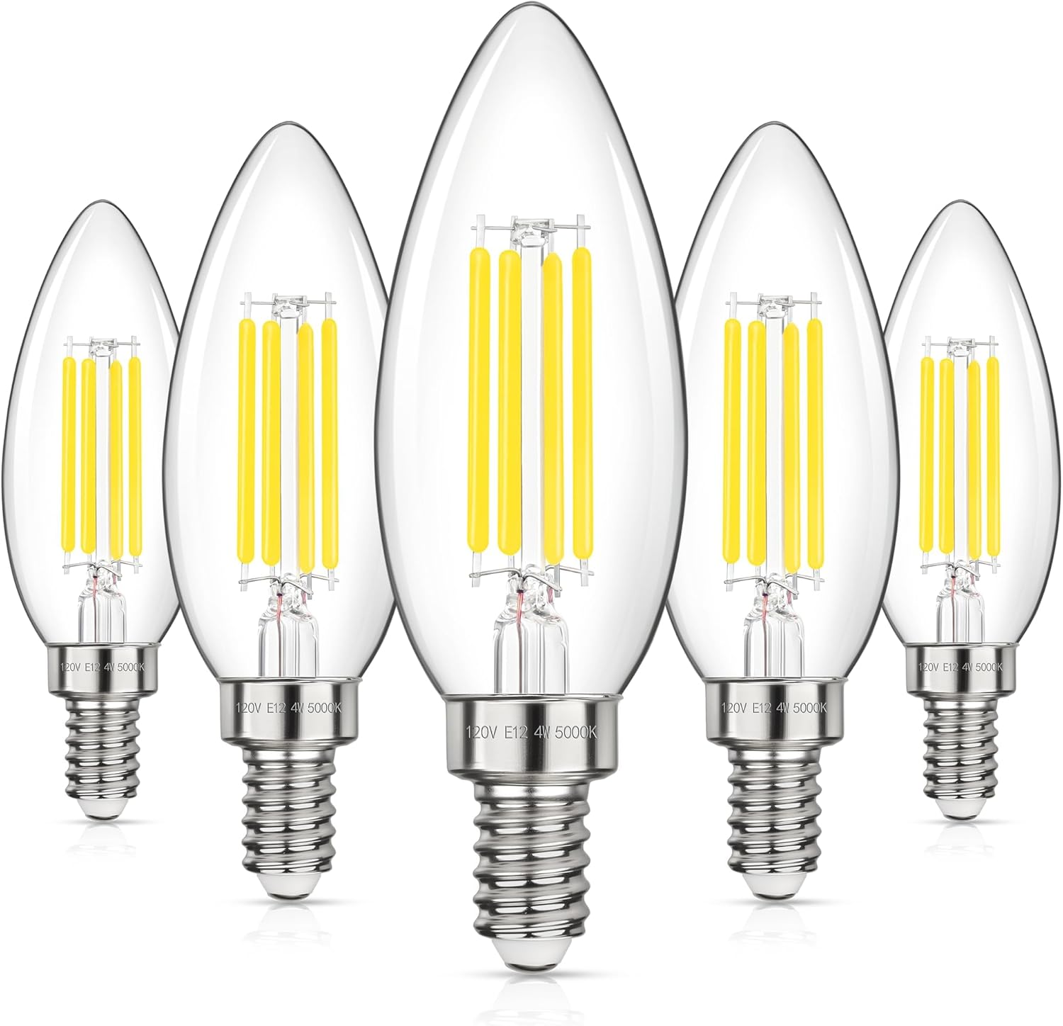 GGOYING E12 LED Candelabra Light Bulbs 40W Equivalent, 4W B11 Candle Base Bulbs, Daylight White 5000K Chandelier Bulb, 500LM Clear Glass Filament Type B Bulb Non-Dimmable, 5 Pack