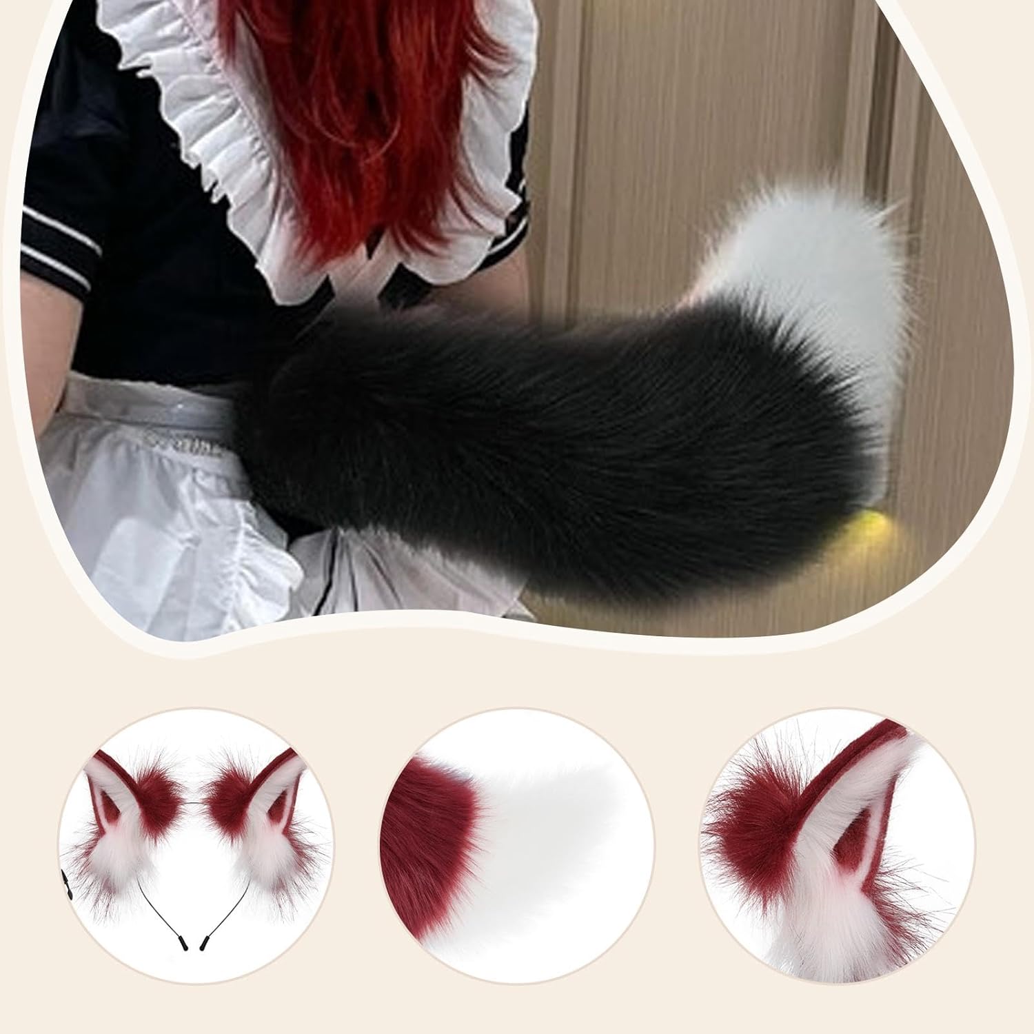 Animal Ear Headband Tail Set Halloween Costume Accessories for Festive Events, Red White