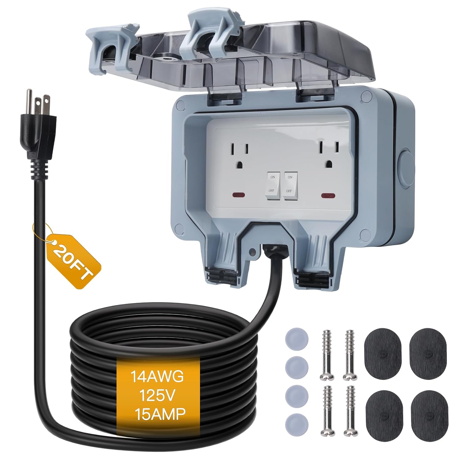 STARELO Outdoor Power Outlet with 20FT Extension Cord, IP66 Waterproof Outdoor Wall Power Socket with Cover, 125V 15Amp 2-Gang Switched Wall Plug Socket Box with Switch On-Off and LED Indicator