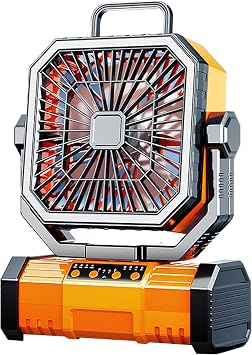 YUHANG Camping Fan - Portable Fan Rechargeable,With Hook - Outdoor Tent Table Fan With LED Light,360 Rotation,4 Air Speeds,For Fishing,Picnics,30000/40000/50000mAh Orange,50000mAh