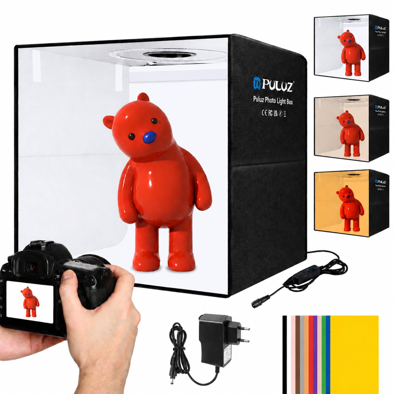 PULUZ Light Box Fotografia, 50,8 x 50,8 cm, scatola luminosa portatile per studio fotografico, dimmerabile, ricarica rapida, USB-C Photo Booth con 160 luci LED e 12 sfondi colorati per fotografia di