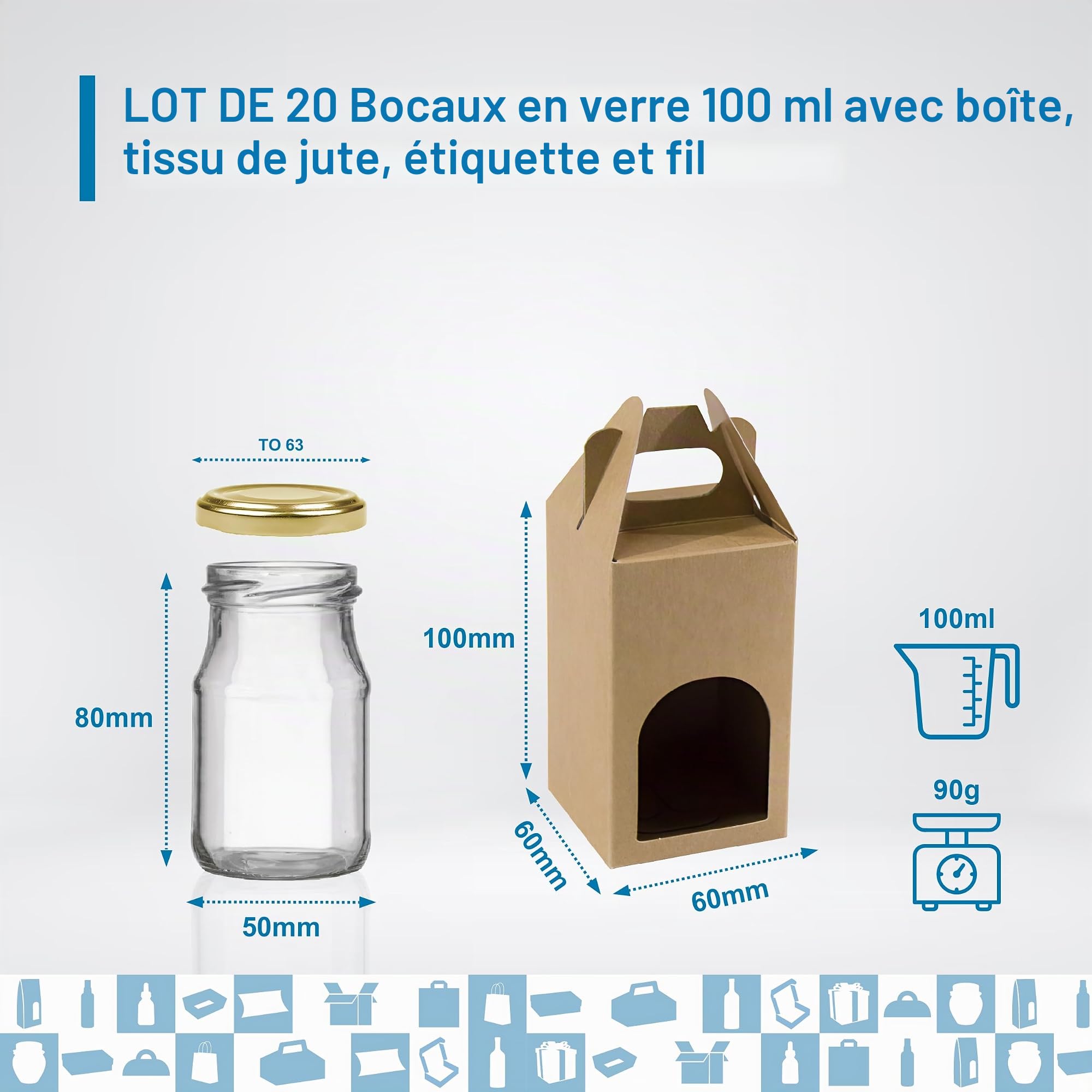 Espirito Rebelde 20 Pots de Conservation en Verre 100 ml avec Courvecle + Boîtes + Étiquettes Kraft + Tissu + Ficelle | Bocaux Alimentaire, Bocaux Sauce Tomate, Bocaux à Confiture, Bocaux pour Miel