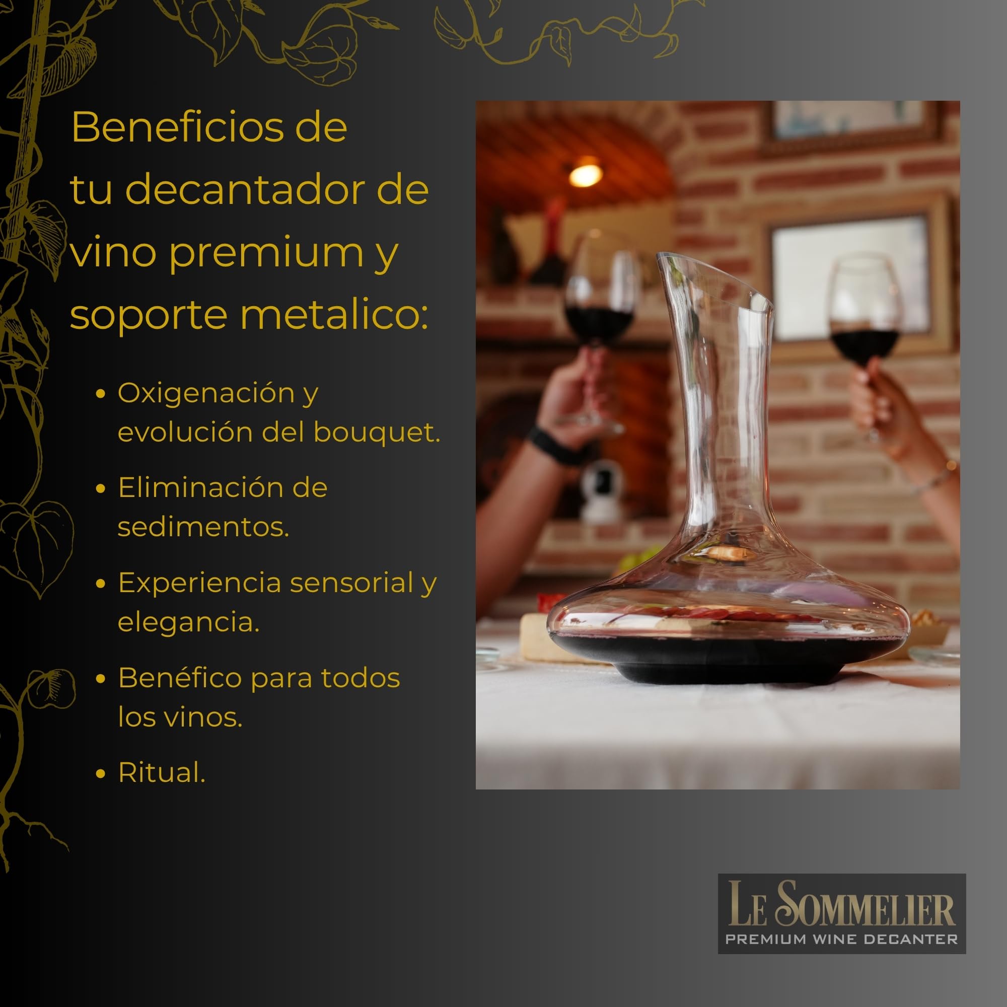 Decantador de vino de cristal premium con soporte metálico para secado y decoración - base ancha y capacidad de 1800 ml para oxigenación rápida y mejor aroma – accesorios de vino ideales para regalo