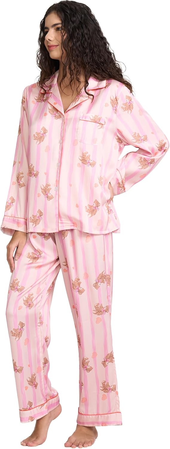 Womens Silk Satin Pajamas Set Button Down 2 Piece Pjs Long Sleeve Oversized Sleepwear with Pockets - Image 2